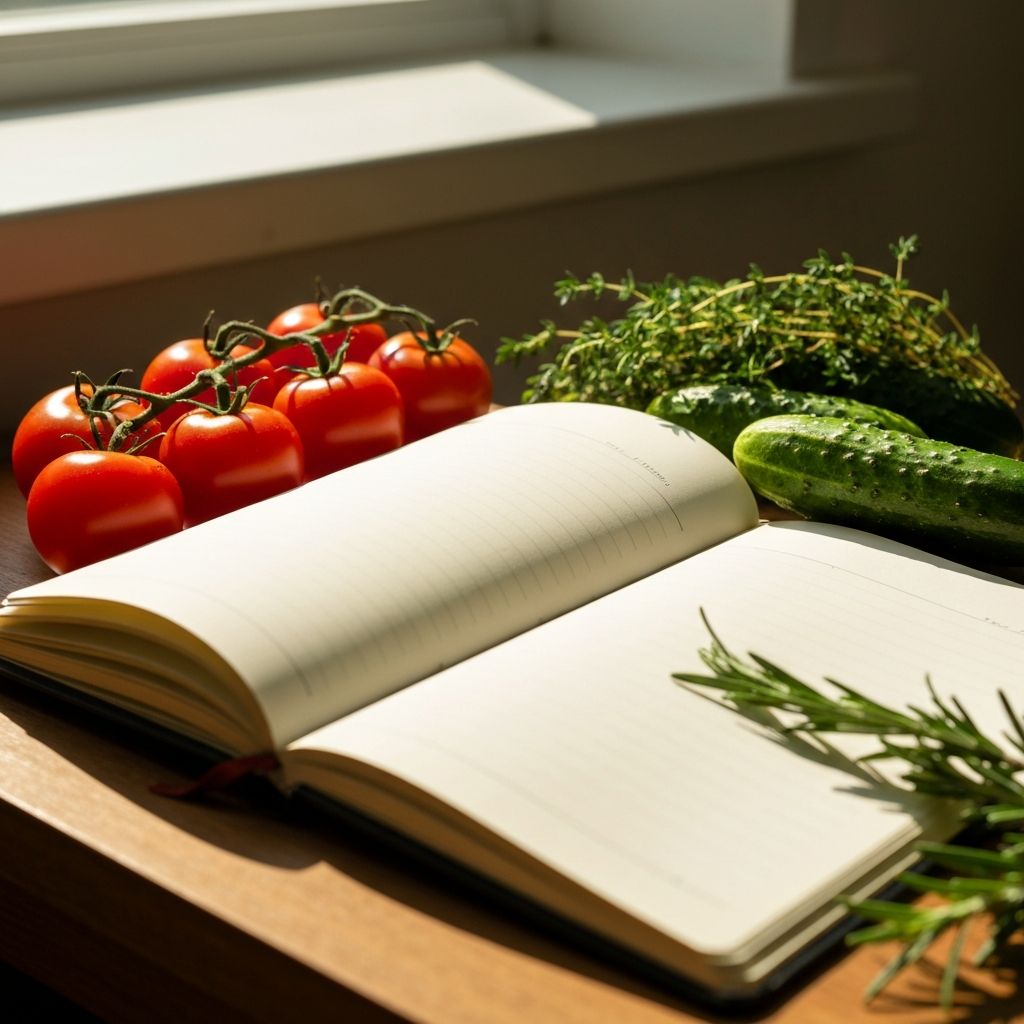 Open journal with vegetables and fresh ingredients